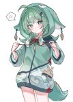  1girl ahoge alternate_costume animal_ears bandaid_on_tail character_hood cowboy_shot enunu_7e fox_ears fox_girl fox_tail green_eyes green_hair green_hoodie highres holding holding_ribbon honkai:_star_rail honkai_(series) hood hood_up hoodie huohuo_(honkai:_star_rail) long_hair long_sleeves looking_at_viewer paper_doll parted_lips paw-shaped_pupils ribbon simple_background solo spoken_blush standing sweatdrop symbol-shaped_pupils tail tail_(honkai:_star_rail) white_background yin_yang_hair_ornament 