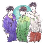  bad_id bad_twitter_id black_hair brothers chain_necklace cigarette clothes_around_waist hands_in_pockets jacket_around_waist jewelry jumpsuit long_sleeves male_focus matsu_symbol matsuno_choromatsu matsuno_karamatsu matsuno_osomatsu multiple_boys necklace osomatsu-kun osomatsu-san sannandaisk siblings simple_background smile v-neck white_background 