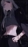  belt black_hair colored_inner_hair earrings from_side grey_hair grey_shirt hands_on_own_hips highres higuchi_kaede higuchi_kaede_(16th_costume) jacket jacket_on_shoulders jewelry long_hair long_sleeves midriff multicolored_hair navel necklace nijisanji official_alternate_costume purple_eyes shirt virtual_youtuber yuki_hare1130 