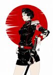  1girl belt breasts commentary_request epaulettes expressionless highres jacket limited_palette military_uniform miniskirt original rising_sun_flag short_hair skirt small_breasts solo sunburst yamada_satoshi 