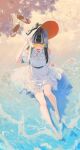  1girl :d alternate_costume bare_shoulders barefoot beach belt black_hair blue_eyes blunt_bangs commentary dress feet green_nails hat highres hololive hololive_dev_is juufuutei_raden legs long_hair looking_at_viewer multicolored_hair murechika nail_polish open_mouth partially_submerged sandals sitting smile soaking_feet solo sun_hat sunglasses teeth toenail_polish toenails toes two-tone_hair unworn_sandals virtual_youtuber water wet wet_clothes wet_dress white_dress white_hair 
