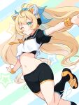  1girl ;) absurdres animal_ears black_bra black_sailor_collar black_shorts black_socks blonde_hair blush bra cat_ears character_request closed_mouth crop_top fake_animal_ears floating_hair green_eyes headphones highres kneehighs leg_up long_hair megami_device miniskirt navel neckerchief one_eye_closed orange_neckerchief orange_shoes orange_trim outstretched_arms sailor_collar shoes short_shorts short_sleeves shorts signature skirt smile soanote socks solo sports_bra stomach underwear very_long_hair 