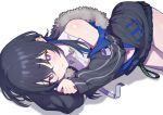  1girl black_hair black_jacket black_skirt blue_hair blush collared_shirt crop_top fur-trimmed_jacket fur_trim hair_between_eyes highres ichinose_uruha ichinose_uruha_(4th_costume) jacket long_hair looking_at_viewer lupinus_virtual_games lying miniskirt multicolored_hair navel niboshidrip off_shoulder on_side purple_eyes raised_inner_eyebrows shirt skirt sleeveless sleeveless_shirt solo streaked_hair virtual_youtuber vspo! 