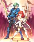  1boy 1girl alm_(fire_emblem) armor armored_boots army battle belt_pouch black_skirt black_thighhighs blue_armor boots breastplate breasts cape celica_(fire_emblem) choker couple dress earrings falchion_(fire_emblem) fighting fighting_stance fingerless_gloves fire_emblem fire_emblem_echoes:_shadows_of_valentia flag gauntlets gloves green_eyes green_hair hetero holding holding_sword holding_weapon jewelry long_hair looking_to_the_side manos_lagouvardos medium_breasts orange_eyes orange_hair pouch prince princess red_eyes red_hair short_hair shoulder_pads skirt sword thighhighs tiara weapon white_armor white_dress 
