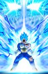  1boy armor aura blue_bodysuit blue_eyes blue_hair bodysuit dragon_ball dragon_ball_super full_body glowing glowing_eyes highres mkmochimochi open_mouth powering_up saiyan_armor screaming solo spiked_hair super_saiyan super_saiyan_blue teeth torn_bodysuit torn_clothes vegeta white_armor 