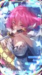  1girl blue_hat blue_kimono breasts bug butterfly chiroru_(cheese-roll) cleavage closed_mouth commentary hair_between_eyes hat highres holding holding_sword holding_weapon japanese_clothes kimono large_breasts long_sleeves looking_at_viewer mob_cap pink_eyes pink_hair pink_nails saigyouji_yuyuko short_hair solo sword symbol-only_commentary touhou triangular_headpiece weapon wide_sleeves 