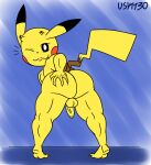 anthro balls big_butt butt butt_grab feet generation_1_pokemon genitals hand_on_butt hi_res humanoid looking_at_viewer male nintendo one_eye_closed penis pikachu pokemon pokemon_(species) solo thick_thighs usury40 wink winking_at_viewer