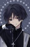  1boy alternate_costume black_eyes black_hair black_robe black_sleeves blunt_ends cassock clerical_collar cross cross_earrings cross_necklace earrings eyeliner eyeshadow genshin_impact gimmunyag grey_background hair_intakes halo hand_up highres jewelry layered_sleeves long_sleeves looking_at_viewer makeup male_focus necklace open_hand open_mouth portrait priest red_eyeliner red_eyeshadow robe scaramouche_(genshin_impact) silver_necklace smile solo tsurime white_halo white_mouth white_sleeves wispy_bangs 