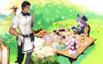  1boy 1girl bird cup highres holding holding_cup holding_plate mabinogi melwyn official_art outdoors picnic plate player_character_(mabinogi) sitting standing 