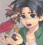  2boys armlet armor black_hair boots brown_boots brown_gloves brown_hair carrying carrying_person clenched_hand collarbone commentary_request dragon_quest dragon_quest_x floating_clothes gloves green_vest grey_background grey_eyes headband hijirino_yuuta jewelry lasca_(dq10) long_hair looking_at_another male_focus multiple_boys muscular muscular_male open_mouth pants profile red_armor red_headband red_sash sash shirt short_hair silver_armlet size_difference spiked_hair vest white_shirt wristband yellow_pants zankurone 