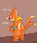 absurd_res backsack balls big_butt blush buizel butt condom digital_media_(artwork) generation_4_pokemon genitals hi_res looking_at_viewer looking_back male mammal nervous nervous_smile nintendo oliviwott open_mouth orange_body pokemon pokemon_(species) presenting presenting_hindquarters question_mark sexual_barrier_device simple_background smile tail text