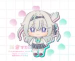  1girl blush_stickers bow bowtie brown_shoes closed_mouth collared_shirt firefly_(honkai:_star_rail) firefly_(spring_missive)_(honkai:_star_rail) gradient_eyes green_bow green_bowtie green_pupils grey_hair grey_hairband grey_ribbon grey_sailor_collar grey_skirt grid_background hair_between_eyes hair_intakes hair_ornament hair_ribbon hairband heart honkai:_star_rail honkai_(series) long_hair lowres macaroon_mcr2 multicolored_eyes pleated_skirt ribbon sailor_collar shirt shoes skirt smile solo thighhighs twitter_username white_background white_shirt white_thighhighs 