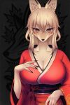  1girl animal_ears black_nails blonde_hair blush breasts check_commentary cleavage closed_mouth collarbone commentary_request fox_ears furry hair_between_eyes highres huge_breasts japanese_clothes keno(keno_ch) kimono long_sleeves looking_at_viewer obi original red_kimono sash solo wide_sleeves yellow_eyes 