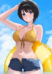  1girl alternate_costume arm_up bare_arms bikini black_hair blue_eyes blue_shorts blue_sky breasts cleavage cloud commentary_request cumulonimbus_cloud day denim denim_shorts front-tie_bikini_top front-tie_top grin halterneck haro_art highres holding holding_swim_ring hololive large_breasts looking_at_viewer navel oozora_subaru open_fly outdoors short_hair short_shorts shorts sky smile solo stomach swept_bangs swim_ring swimsuit torn_clothes torn_shorts virtual_youtuber yellow_bikini 