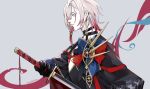  1boy blue_eyes cape earrings eyeshadow eyeshadow_under_eye fate/grand_order fate_(series) gradient_hair grey_background hair_ornament hair_over_one_eye highres holding holding_sword holding_weapon jewelry karna_(fgo_fes._2025)_(fate) katana makeup male_focus medium_hair multicolored_hair multiple_earrings pale_skin profile red_eyeshadow red_hair rokkasana solo sword upper_body weapon white_hair 