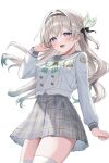 1girl black_hairband blush bow bowtie breasts buttons cowboy_shot double-breasted firefly_(honkai:_star_rail) firefly_(spring_missive)_(honkai:_star_rail) green_bow green_bowtie green_pupils grey_hair grey_sailor_collar grey_skirt hairband hand_up highres honkai:_star_rail honkai_(series) long_hair looking_at_viewer medium_breasts mochiko_(uyu_omochi) multicolored_eyes official_alternate_costume open_mouth plaid_bow plaid_bowtie plaid_clothes plaid_skirt purple_eyes sailor_collar shirt simple_background skirt solo thighhighs two-tone_eyes white_background white_shirt white_thighhighs 
