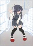  1girl asashio_(kancolle) belt between_legs black_belt black_dress black_hair black_thighhighs blush buttons closed_eyes collared_shirt commentary_request dress embarrassed flat_chest full_body hand_between_legs hand_up have_to_pee highres indoors kantai_collection long_hair long_sleeves narumiya_(narumiya) nose_blush open_mouth pinafore_dress shirt shoes sidelocks sleeveless sleeveless_dress solo standing thighhighs uwabaki white_shirt 
