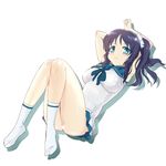  armpits blue_eyes blush highres hiradaira_chisaki long_hair looking_at_viewer makacoon nagi_no_asukara no_shoes school_uniform serafuku side_ponytail simple_background smile socks solo white_background 