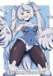  1girl absurdres ahoge bare_shoulders bird black_pantyhose blue_background blush breasts commentary commission curryta-art earrings english_commentary feathered_wings feathers floating_earrings frieren green_eyes grey_hair harpy highres jewelry leotard long_hair monster_girl monsterification navel pantyhose parted_bangs pointy_ears small_breasts solo sousou_no_frieren teardrop_earrings twintails two-tone_background white_background white_feathers white_hair white_leotard winged_arms wings 