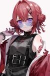  1girl ange_katrina bare_shoulders black_shirt chain chain_bracelet closed_mouth commentary double_bun hair_bun hair_ornament hand_up highres jacket looking_at_viewer myon_rio nijisanji off_shoulder open_clothes open_jacket purple_eyes red_hair red_jacket shirt short_hair simple_background sleeveless sleeveless_shirt solo sunglasses symbol-only_commentary upper_body virtual_youtuber white_background x_hair_ornament 