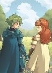  1boy 1girl alm_(fire_emblem) armor black_gloves blue_armor blush cape celica_(fire_emblem) cloud cloudy_sky couple fingerless_gloves fire_emblem fire_emblem_echoes:_shadows_of_valentia flower from_behind gloves grass green_eyes green_hair hetero highres holding_hands long_hair orange_eyes orange_hair prince princess red_eyes red_hair short_hair shoulder_armor sky smile tiara tree vildrum white_armor 