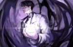 1boy black_eyes black_hair black_shirt coat facing_viewer forced_perspective glowing glowing_eye limited_palette macaronijail magic male_focus omniscient_reader&#039;s_viewpoint popped_collar purple_theme shirt short_hair solo sparkle upper_body white_coat yoo_joonghyuk 