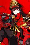  black_coat black_hair black_hat cape coat crest family_crest fate/grand_order fate_(series) hat highres holding holding_sword holding_weapon katana long_hair looking_at_viewer military_hat military_uniform oda_nobunaga_(fate) oda_nobunaga_(maou_avenger)_(fate) red_cape red_eyes sword very_long_hair weapon yui_(tamagohan) 