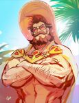  1boy abs afk_(series) afk_journey arthur_(afk) artist_name bara beard cape commentary_request crossed_arms facial_hair facing_viewer hat highres looking_at_viewer male_focus muscular muscular_male navel okn_369 palm_tree pectorals red-tinted_eyewear sparkle straw_hat sunglasses tinted_eyewear topless_male tree white_cape 