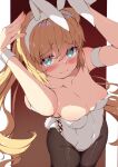  1girl animal_ears arms_up artoria_caster_(fate) artoria_pendragon_(fate) bare_arms bare_shoulders black_pantyhose blonde_hair blush breasts brown_background collarbone covered_navel dress fake_animal_ears fake_tail fate/grand_order fate_(series) full_body green_eyes hair_between_eyes highleg highres leotard long_hair looking_at_viewer medium_breasts off_shoulder pantyhose peisuto playboy_bunny rabbit_ears rabbit_tail side-tie_leotard simple_background smile solo standing strapless strapless_leotard tail twintails white_wrist_cuffs wrist_cuffs 