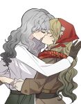  2girls blonde_hair brown_gloves brown_jacket brown_skirt closed_eyes commentary_request couple flower from_side gloves green_pants grey_hair hair_flower hair_ornament headscarf jacket kiss long_hair multiple_girls pants red_headscarf red_scarf reverse:1999 scarf shirt skirt the_pran upper_body vila_(reverse:1999) white_background white_flower white_shirt windsong_(reverse:1999) yuri 