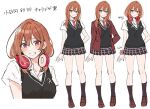  1girl arm_at_side black_socks black_sweater_vest blush breasts brown_eyes brown_hair brown_shoes closed_mouth collared_shirt commentary_request diagonal-striped_clothes diagonal-striped_necktie grin hair_between_eyes headphones headphones_around_neck jacket kohinata_iroha_(imouuzai) lapels loafers long_hair looking_at_viewer miniskirt multiple_views necktie notched_lapels official_art open_clothes open_jacket open_mouth plaid_clothes plaid_skirt pleated_skirt red_jacket red_necktie school_uniform second-party_source shirt shoes short_sleeves simple_background skirt smile socks standing striped_clothes sweater_vest tomari_(veryberry00) tomodachi_no_imouto_ga_ore_ni_dake_uzai translation_request white_background white_shirt wing_collar 