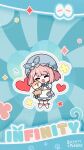  1girl ^_^ animal animal_hug apron artist_request ascot blue_background blue_bow blue_gloves blue_hat blue_outline blue_ribbon blue_shirt blue_shorts blush_stickers bow bow_legwear brooch bye-bye_dust_(infinity_nikki) chibi closed_eyes collared_shirt copyright_name dog dotted_line floof_(infinity_nikki) flower frilled_gloves frilled_headwear frilled_sleeves frills gloves halftone happy hat hat_bow heart highres holding holding_animal holding_dog infinity_nikki jewelry kneehighs looking_at_viewer medium_hair mob_cap nikki_(series) no_shoes notice_lines official_art official_wallpaper open_mouth outline paw_print pink_bow pink_hair pocket pom_pom_hat_ornament puffy_short_sleeves puffy_sleeves ribbon second-party_source shiba_inu shirt short_sleeves shorts sleeve_bow smile socks solo sparkle standing white_apron white_ascot white_bow white_socks yellow_flower 