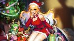  1girl arielle_(vtuber) bell bell_earrings belt black_belt blonde_hair blue_eyes box box_of_chocolates breasts christmas christmas_tree commission decorations detached_sleeves dress earrings english_commentary flying_sweatdrops froggyloch_(vtuber) gift grin hair_between_eyes haruka_karibu hat heavenly_father highres indie_virtual_youtuber jewelry large_breasts long_hair looking_at_viewer pov santa_costume santa_dress santa_hat shadow smile virtual_youtuber vshojo yuarima2 zentreya zentreya_(dragon) 