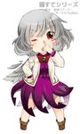  berry_jou bow bowtie chibi dress highres index_finger_raised jacket kishin_sagume long_sleeves open_clothes purple_dress red_eyes shirt short_hair silver_hair single_wing solo touhou wings 