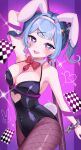  1girl absurdres alternate_breast_size animal_ears aqua_hair arm_up armpits bare_shoulders black_bow black_leotard blush bow breasts card cleavage collarbone covered_navel cuffs detached_collar fake_animal_ears fake_tail fishnet_thighhighs fishnets hair_bow hair_intakes hair_ribbon handcuffs hatsune_miku heart heart-shaped_pupils highres katouomochi large_breasts leotard long_hair miku_day multicolored_hair official_alternate_costume official_alternate_hairstyle open_mouth pink_hair playboy_bunny purple_eyes rabbit_hole_(vocaloid) red_bow ribbon smile solo sweat symbol-shaped_pupils tail thighhighs twintails vocaloid 