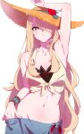  1girl armpits bare_shoulders blonde_hair blue_sarong breasts crop_top cynthia_(pokemon) cynthia_(summer_2025)_(pokemon) flower hair_over_eyes hair_over_one_eye hat hat_flower highres long_hair looking_at_viewer marie_(pixiv59672544) navel official_alternate_costume pokemon pokemon_dppt pokemon_masters_ex sarong shirt signature simple_background solo straw_hat sun_hat tied_shirt upper_body white_background yellow_eyes 