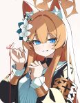  1girl absurdres animal_ear_fluff animal_ears blue_archive blue_eyes flower hair_between_eyes hair_flower hair_ornament halo highres loah_66 long_hair long_sleeves looking_at_viewer mari_(blue_archive) open_mouth orange_hair smile solo string string_of_fate white_background white_flower yellow_halo 