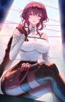  1girl black_jacket boots breasts chest_harness clothing_cutout eyewear_on_head gloves harness high-waist_shorts highres honkai:_star_rail honkai_(series) jacket kafka_(honkai:_star_rail) large_breasts long_hair long_sleeves looking_at_viewer mcdobo pantyhose pantyhose_under_shorts pince-nez purple-tinted_eyewear purple_eyes purple_gloves purple_hair purple_pantyhose round_eyewear shirt shorts shoulder_cutout single_thigh_boot smile solo thigh_boots tinted_eyewear unworn_jacket white_shirt 