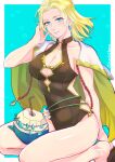  1girl adjusting_hair bare_legs blonde_hair blue_eyes breasts brown_one-piece_swimsuit cape cleavage cleavage_cutout clothing_cutout coconut_cup earrings fire_emblem fire_emblem:_the_sacred_stones fire_emblem_heroes highres jewelry kneeling large_breasts looking_at_viewer official_alternate_costume one-piece_swimsuit seiza selena_(fire_emblem:_the_sacred_stones) selena_(summer)_(fire_emblem:_the_sacred_stones) short_hair sitting smile swimsuit taguchi_(igutiguti) yellow_cape 