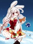  animal_ears bloomers blush bunny_ears dango earth food furisode gloves japanese_clothes kimono kimono_skirt long_hair looking_at_viewer looking_back moon_rabbit niboshi original petticoat red_eyes smile solo tsukimi_dango underwear wagashi 