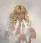  1girl blonde_hair blue_nails cowboy_shot dress frilled_sleeves frills hair_over_shoulder halo hand_on_own_face head_tilt highres lace-trimmed_thighhighs lace_trim long_hair looking_at_viewer macaronijail omniscient_reader&#039;s_viewpoint painterly sitting solo thighhighs uriel_(omniscient_reader&#039;s_viewpoint) white_dress white_eyes white_thighhighs 