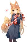  1girl ;) absurdres animal_ear_fluff animal_ears black_dress black_pantyhose blush breasts brown_hair closed_mouth commentary_request dress feet_out_of_frame fox_ears fox_girl fox_tail gloves grey_eyes hair_between_eyes hand_up heart highres layered_sleeves long_sleeves looking_at_viewer one_eye_closed original pantyhose saeki_touma short_over_long_sleeves short_sleeves simple_background small_breasts smile solo spoken_heart tail white_background white_gloves 