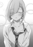  1girl blush bra_strap braid breasts collared_shirt commentary_request diagonal-striped_clothes diagonal-striped_necktie earrings eyes_visible_through_hair facing_viewer greyscale hair_over_one_eye jewelry loose_necktie monochrome necktie novel_illustration off_shoulder official_art parted_lips school_uniform shirt short_hair solo striped_clothes tomari_(veryberry00) tomodachi_no_imouto_ga_ore_ni_dake_uzai tsukinomori_mashiro upper_body wing_collar 