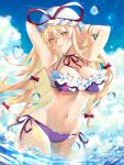  1girl alternate_costume armpits arms_behind_head bikini blue_sky bow breasts choker cleavage closed_mouth cloud commentary_request cowboy_shot day frilled_bikini frills hair_bow hat hat_ribbon highres kirisita large_breasts long_hair looking_at_viewer mob_cap multiple_hair_bows navel outdoors purple_bikini red_bow red_ribbon ribbon ribbon_choker side-tie_bikini_bottom sky smile solo swimsuit touhou wading water yakumo_yukari yellow_eyes 