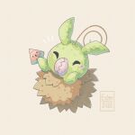  artist_name chickenscraches closed_eyes digimon digimon_(creature) food fruit grey_background minomon no_humans simple_background solo watermelon watermelon_slice 