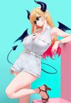  1girl ai-generated bare_shoulders belt belt_buckle black_horns blonde_hair blue_eyes blush breast_pocket breast_tattoo breasts buckle cleavage collared_shirt demon_girl demon_horns demon_tail demon_wings fingernails high_heel_sandals high_heels highres hololive horn_ornament horn_ring horns large_breasts long_hair looking_at_viewer multicolored_hair nail_polish navelrennat pink_nails pocket pointy_ears sandals shirt shorts single_sidelock skirt sleeveless sleeveless_shirt smile solo sunglasses swept_bangs tail tattoo virtual_youtuber white_belt white_shirt white_shorts winged_heart winged_heart_tattoo wings yuzuki_choco 