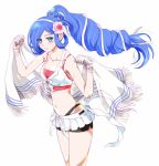  1girl artist_name bikini bikini_skirt blue_eyes blue_hair breasts dana_iclucia floating_hair front-tie_bikini_top front-tie_top long_hair looking_at_viewer medium_breasts midriff navel parted_bangs ponytail simple_background smile solo swept_bangs swimsuit towel upper_body white_background xiacheng_tatsuya ys ys_viii:_lacrimosa_of_dana 