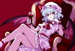  1girl absurdres ambiguous_red_liquid ascot bat_wings blue_hair blush bow breasts brooch collared_shirt commentary crossed_legs cup drinking_glass fang frilled_shirt_collar frilled_skirt frills hat hat_ribbon highres holding holding_cup jewelry looking_at_viewer mob_cap open_mouth pioartstuff pointy_ears puffy_short_sleeves puffy_sleeves red_ascot red_background red_bow red_brooch red_eyes red_nails red_ribbon red_shoes remilia_scarlet ribbon shirt shoes short_sleeves simple_background sitting sitting_on_throne skirt sleeve_bow small_breasts smile socks solo thighs touhou white_hat white_shirt white_skirt white_socks wine_glass wings wrist_cuffs 