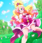  aqua_eyes bare_legs blonde_hair blush bow breasts choker cure_flora dutch_angle earrings eyebrows fighting_stance flower_earrings gloves go!_princess_precure gradient_hair haruno_haruka highres jewelry long_hair magical_girl medium_breasts multicolored_hair petals pink_bow pink_hair pink_skirt precure ryuuta_(cure_ryuuta) serious skirt solo streaked_hair thick_eyebrows two-tone_hair white_gloves 