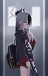  1girl black_choker black_hair black_hoodie black_horns blue_archive bright_pupils choker demon_horns demon_wings earclip grey_halo gun h&amp;k_p30 hair_between_eyes halo handgun highres holding holding_gun holding_weapon hood hoodie horns kayoko_(blue_archive) long_hair long_sleeves looking_at_viewer miniskirt multicolored_hair plaid_clothes plaid_skirt pleated_skirt rain red_eyes red_skirt single_wing skirt solo standing two-tone_hair weapon welchsbinn white_hair white_pupils wings 